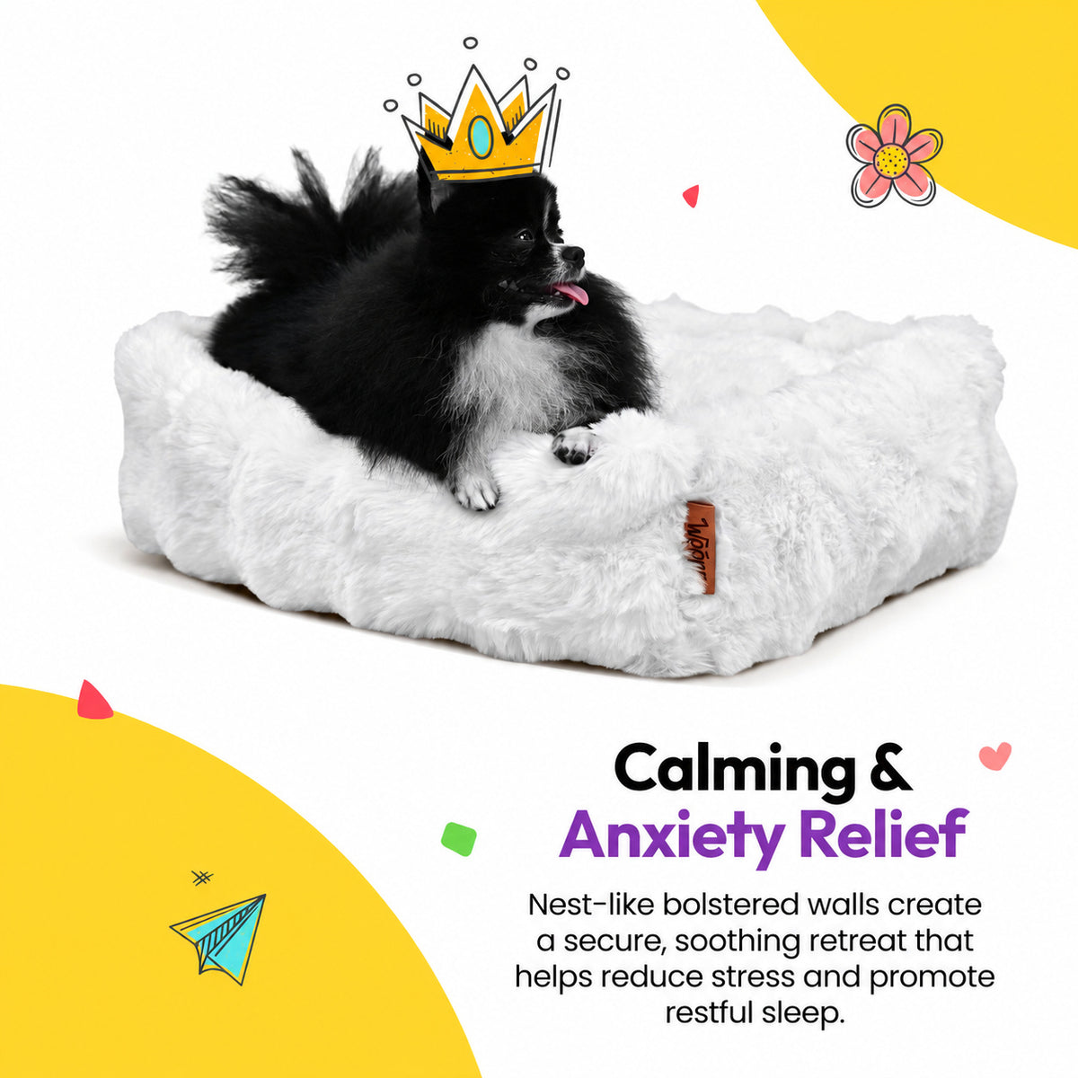 White | Furry Curves Rectangle Bed: Pomeranian in the White bed, headed Calming & Anxiety Relief