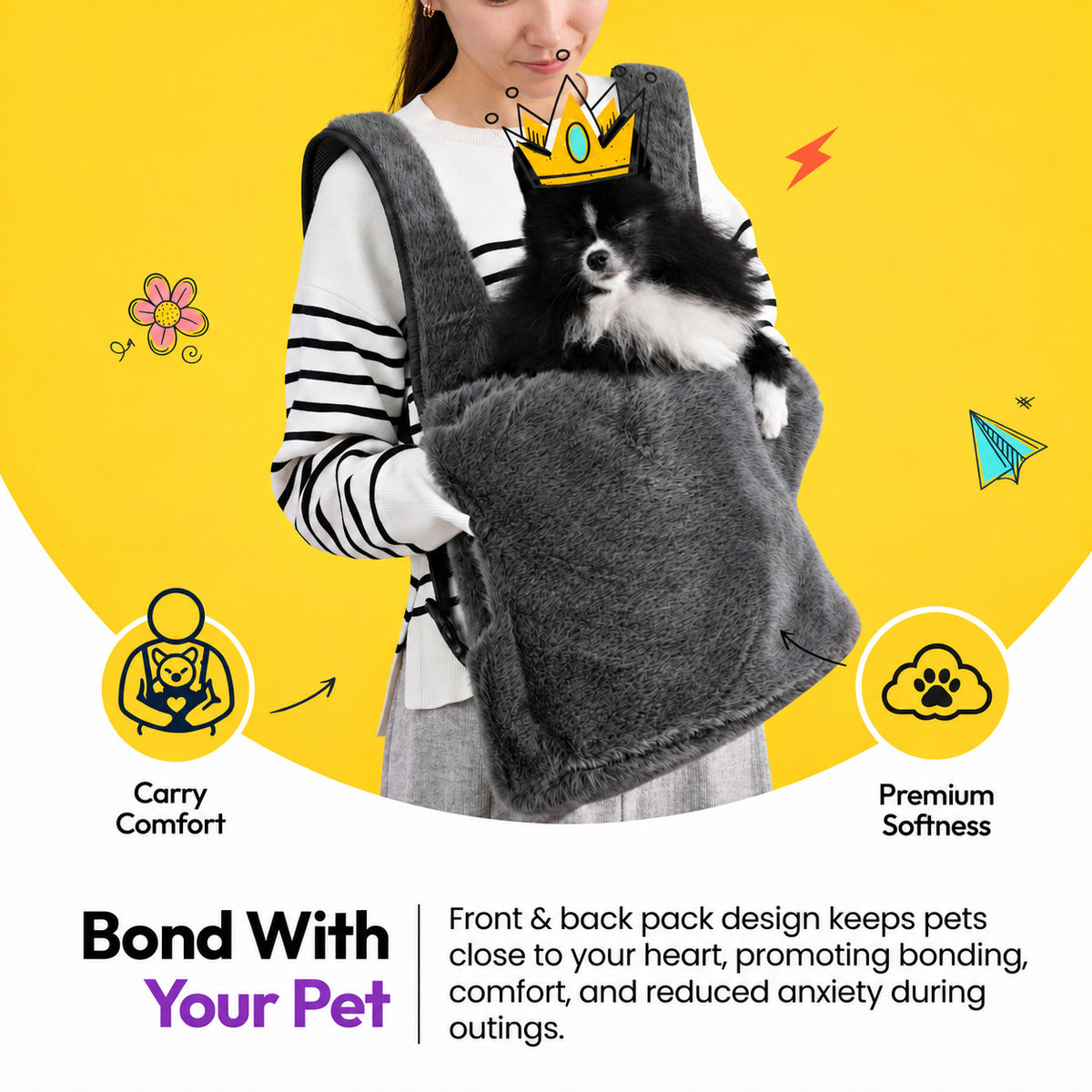 Grey | Furry Range Puppy Pouch: Bond with your pet: a small black and white dog in the Grey Puppy Pouch worn on the front
