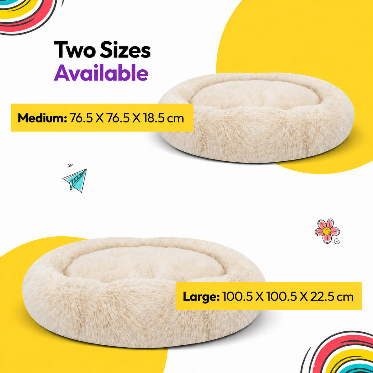 Cream | Fluffy Shag Calming Round Bed: Two Cream beds labelled Medium 76.5 x 76.5 x 18.5 cm and Large 100.5 x 100.5 x 22.5 cm