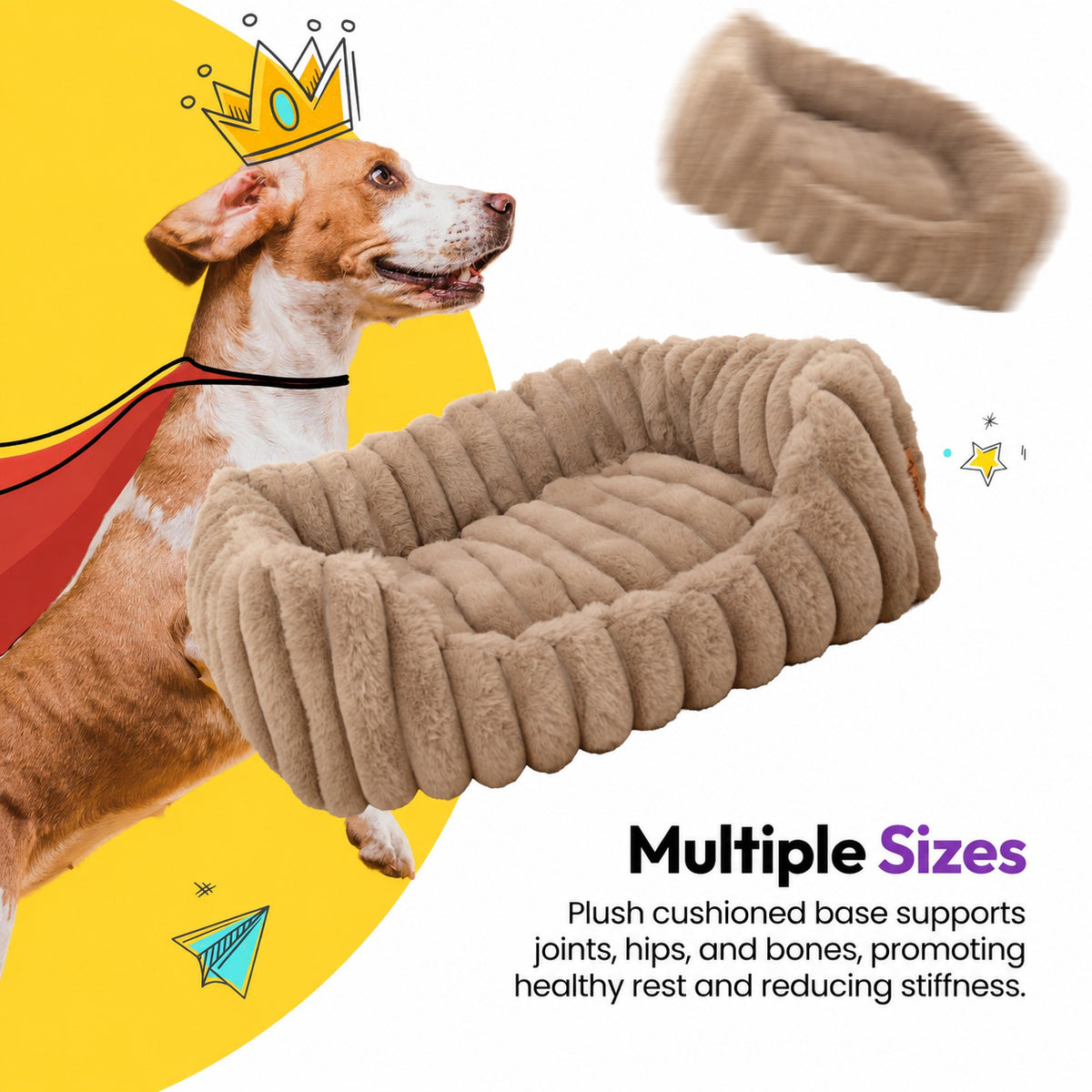 Brown | Furry Corduroy Open Front Rectangle Bed: Dog in a paper crown and cape beside the Brown bed, on a yellow graphic card