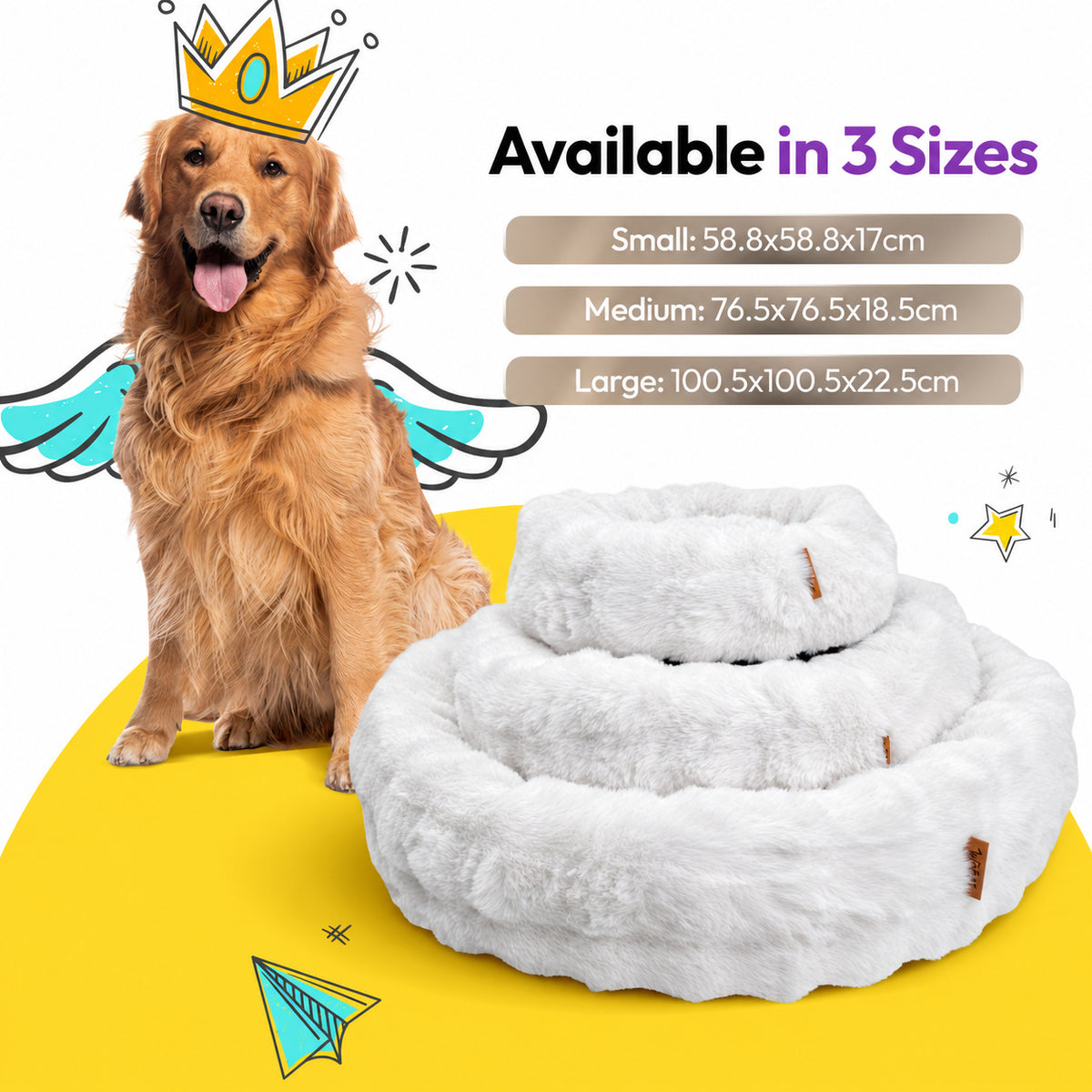 White | Furry Curves Round Bed: Available in 3 sizes in White: Small 58.8 x 58.8 x 17 cm, Medium 76.5 x 76.5 x 18.5 cm, Large 100.5 x 100.5 x 22.5 cm