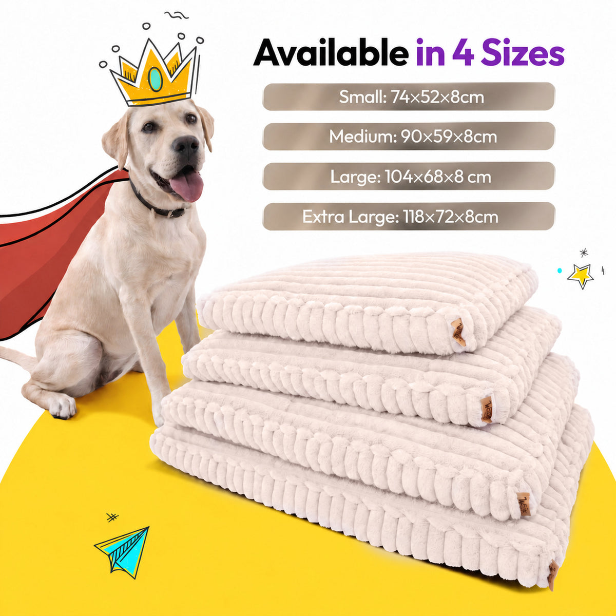 Pale pink | Furry Corduroy Sleeping Mat: Labrador puppy in a red cape beside four Pale pink mats stacked by size, labelled Small to Extra Large