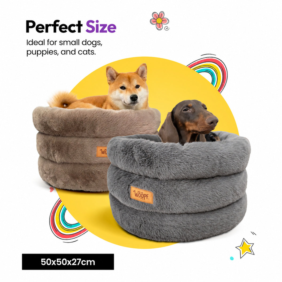 Grey | Furry Range Round Bed: Shiba inu in a Brown bed and a dachshund in a Grey bed, headed Perfect Size, 50 x 50 x 27 cm