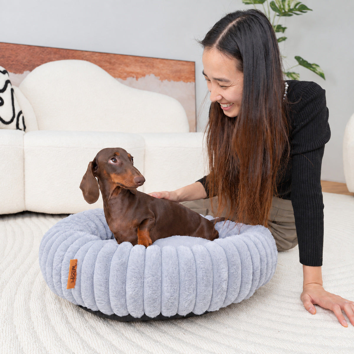 Grey | Furry Corduroy Round Bed: Woman kneeling beside a dachshund standing in the Grey bed