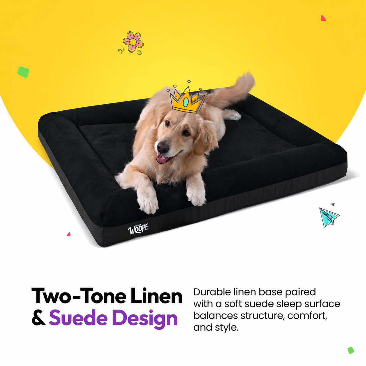 Black | SNÜZ Orthopedic Suede Bed: Golden retriever on the Black bed, headed Two-tone Linen Suede