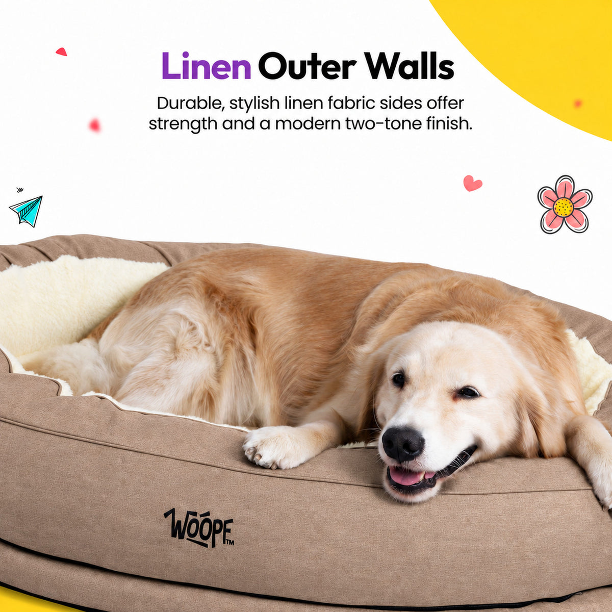 Cream | NÄP Orthopedic Bed: Golden retriever in the Cream bed, headed Linen Outer Walls
