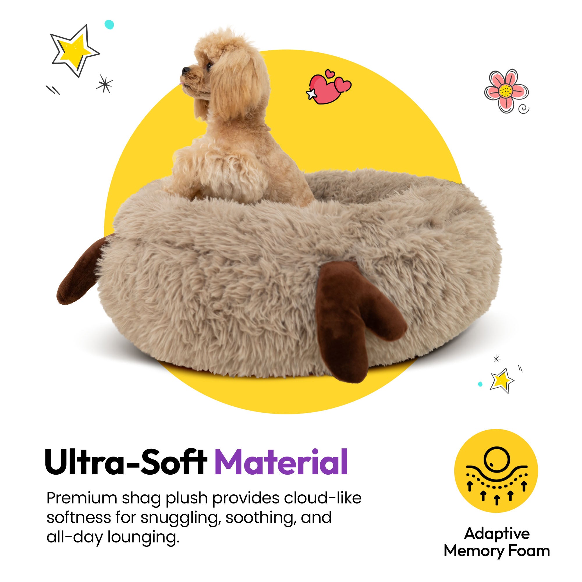 Lit rond apaisant en peluche à poils longs avec bois de cerf