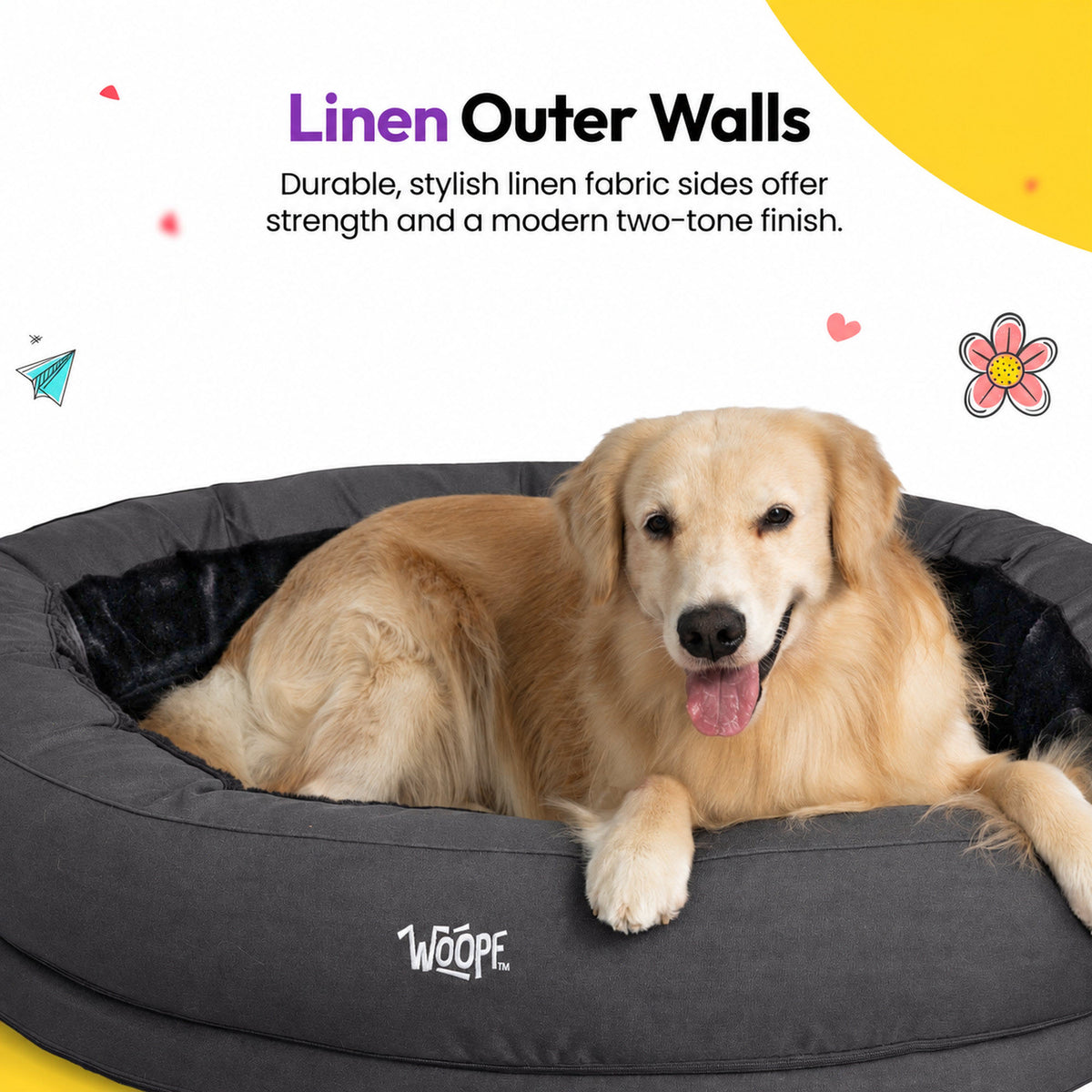 Black | NÄP Orthopedic Bed: Golden retriever in the Black bed, headed Linen Outer Walls