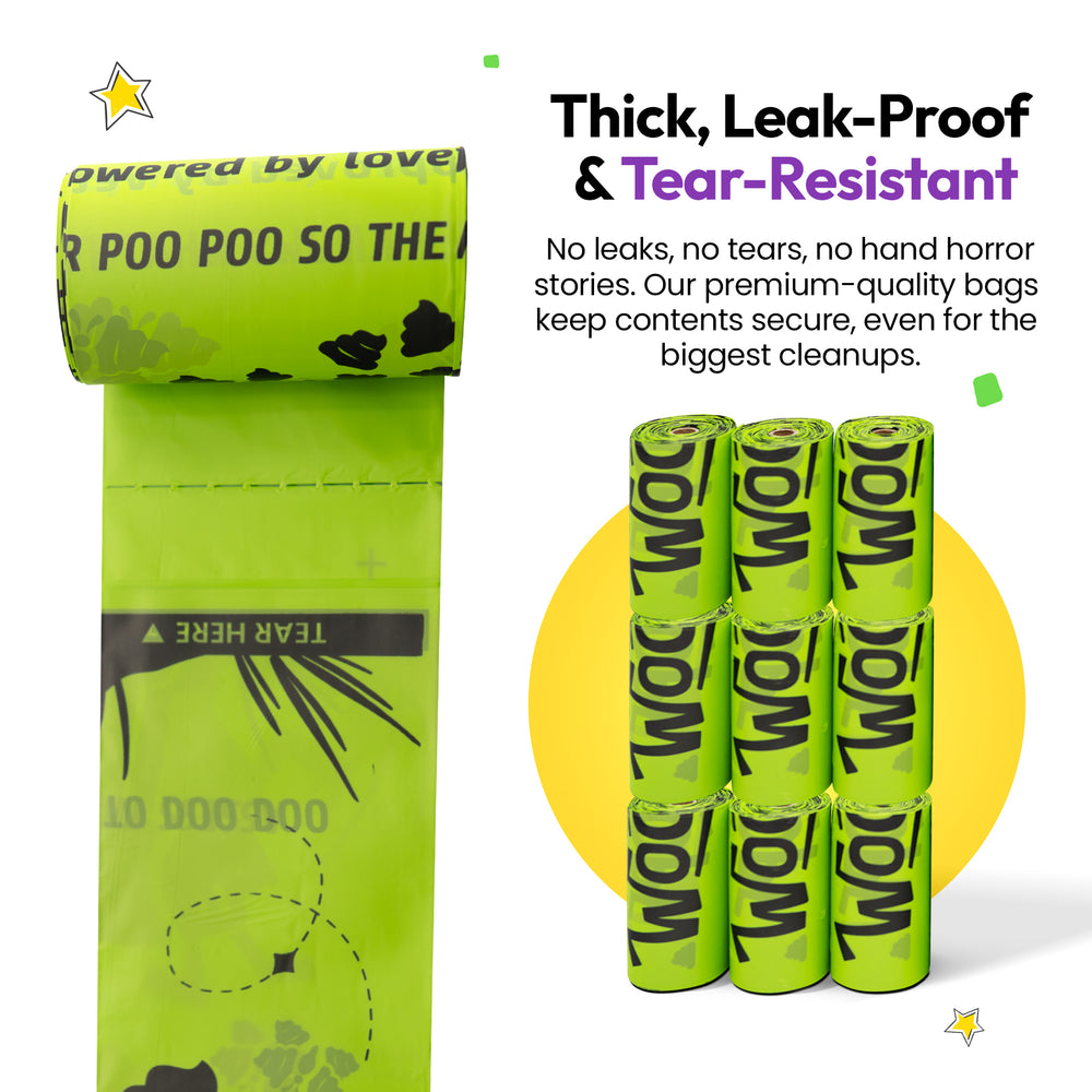 Poop & Go 100% Compostable Bags: A roll unrolled to its tear line beside the stacked rolls, headed Thick, Leak-Proof & Tear-Resistant