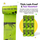 All | Poop & Go 100% Compostable Bags: A roll unrolled to its tear line beside the stacked rolls, headed Thick, Leak-Proof & Tear-Resistant