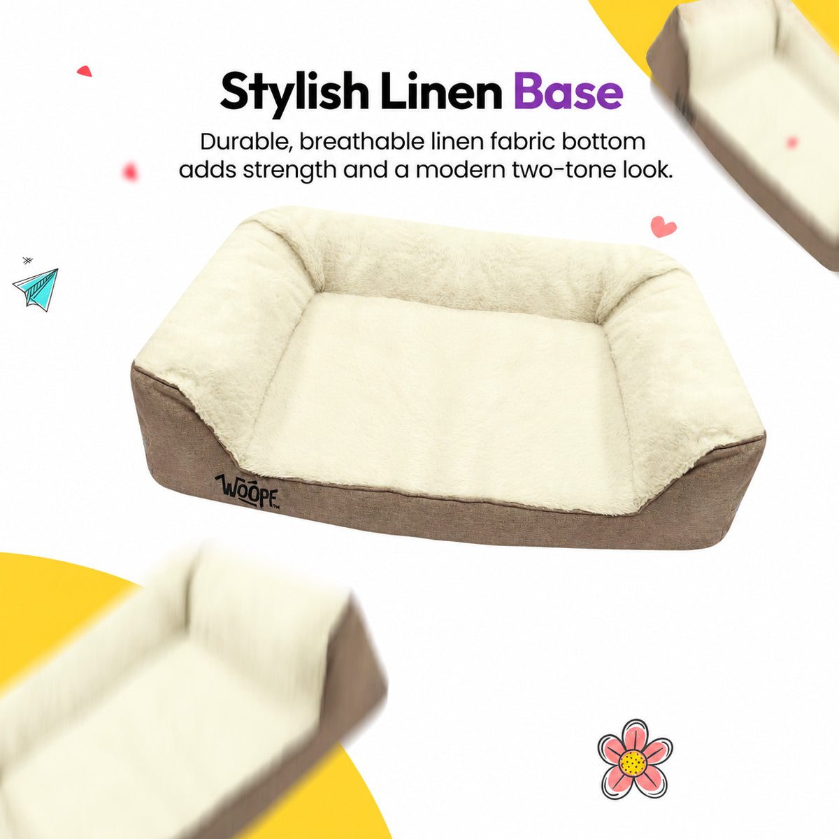 Cream | SNÖR Orthopedic Bed: The Cream bed with a close-up of its linen base, headed Stylish Linen Base