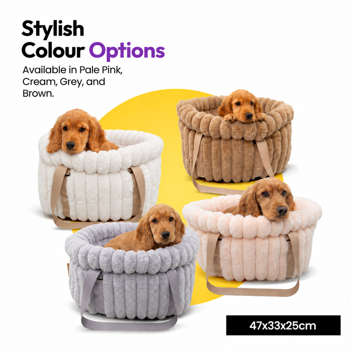 White | Corduroy Calming Dog Carrier: Four carriers with spaniel puppies in Pale pink, White, Grey and Brown, on a card marked 47 x 33 x 25 cm