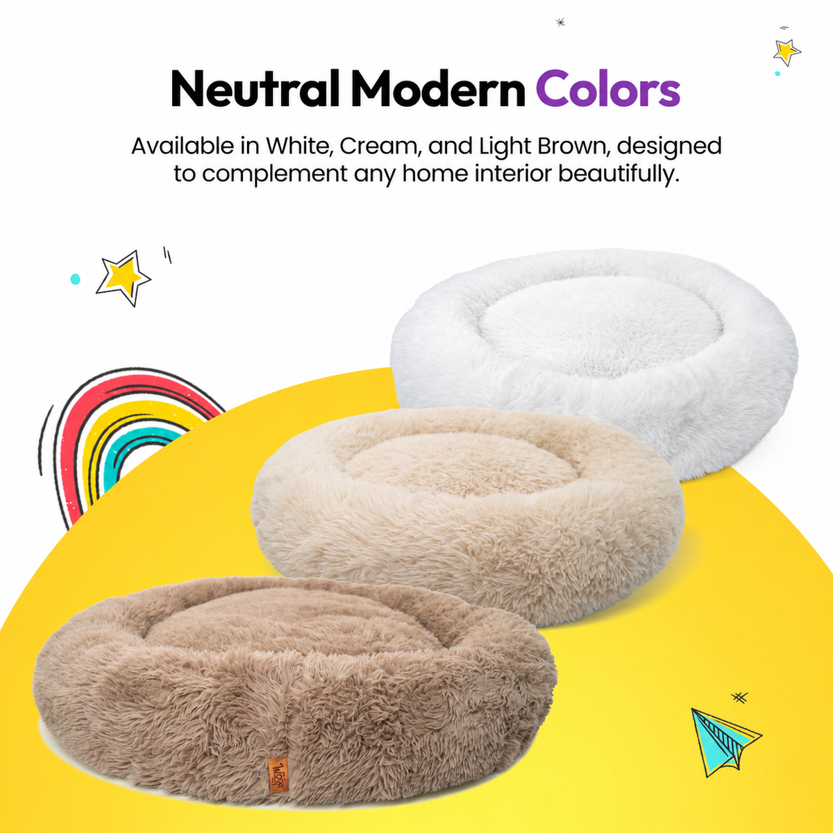 White | Fluffy Shag Calming Round Bed: White, Cream and Brown beds stacked on a yellow graphic card