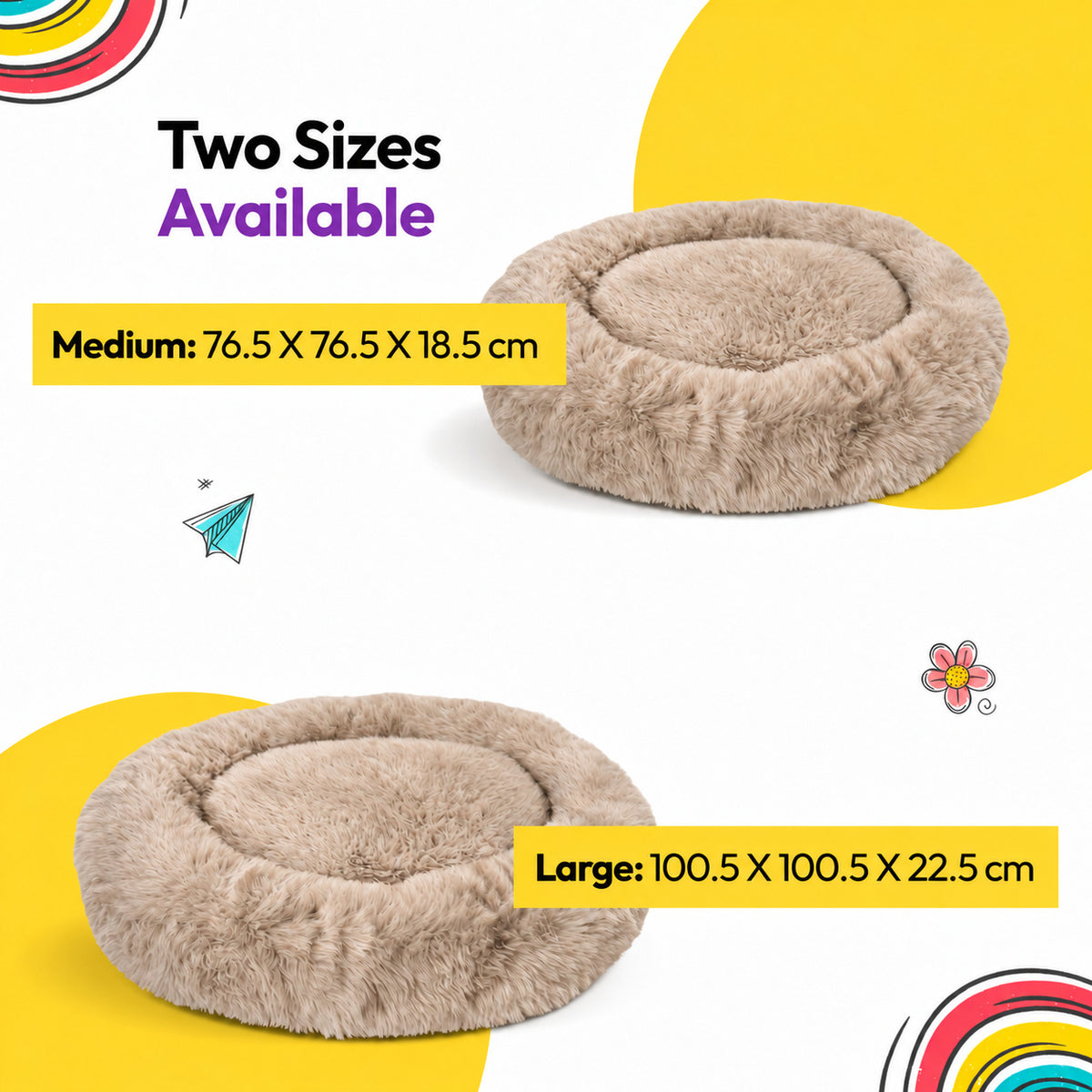 Brown | Fluffy Shag Calming Round Bed: Two Brown beds labelled Medium 76.5 x 76.5 x 18.5 cm and Large 100.5 x 100.5 x 22.5 cm