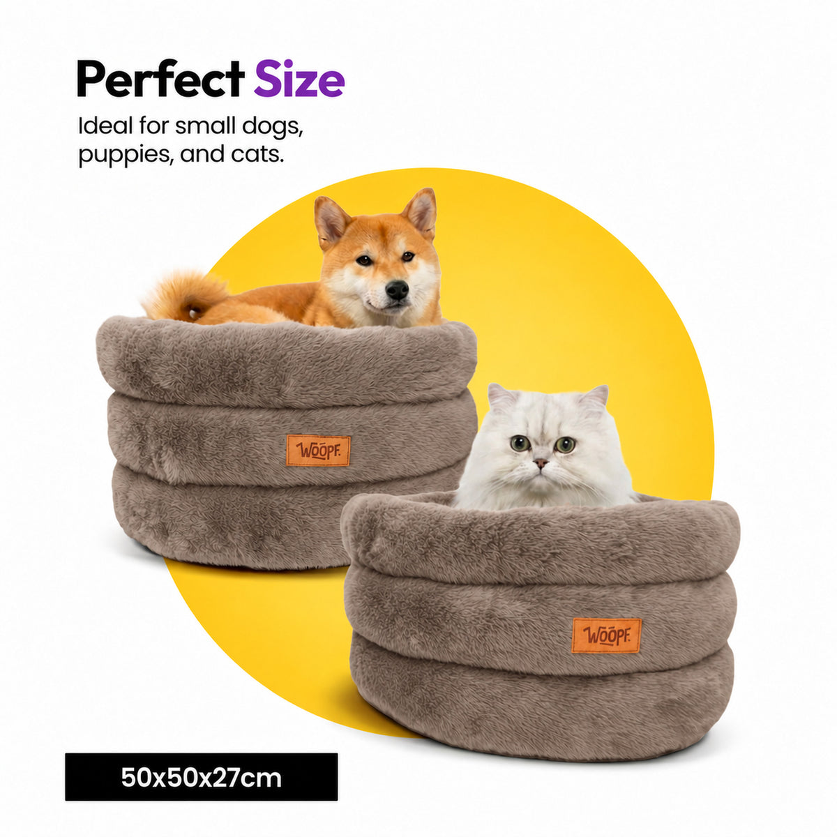 Brown | Furry Range Round Bed: Shiba inu in one Brown bed and a white cat in another, headed Perfect Size, 50 x 50 x 27 cm