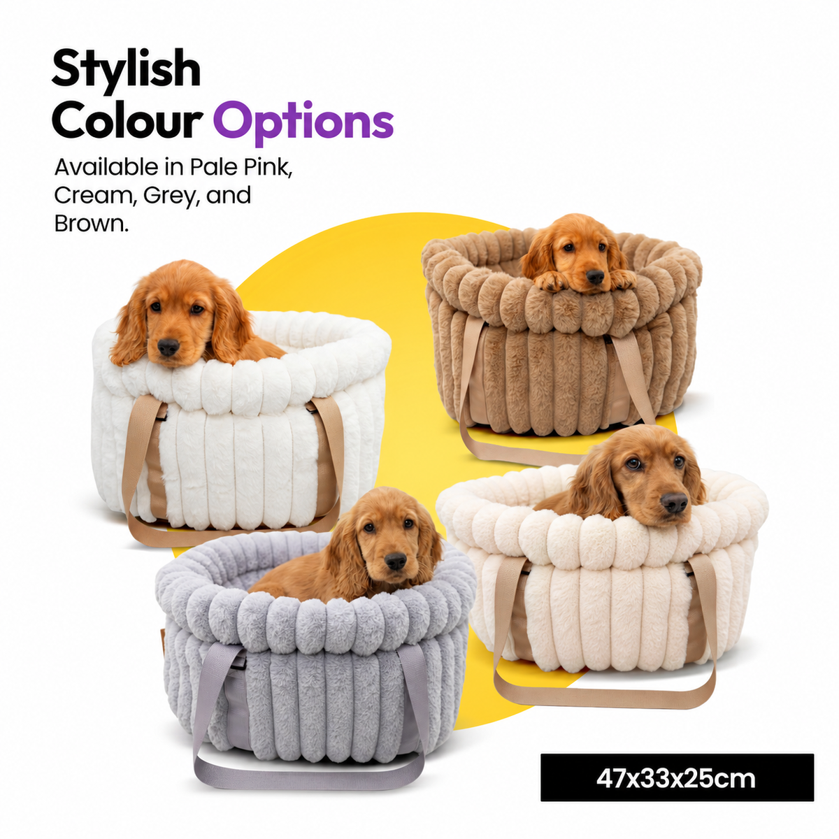 Pale pink | Corduroy Calming Dog Carrier: Four carriers with spaniel puppies in Pale pink, White, Grey and Brown, on a card marked 47 x 33 x 25 cm