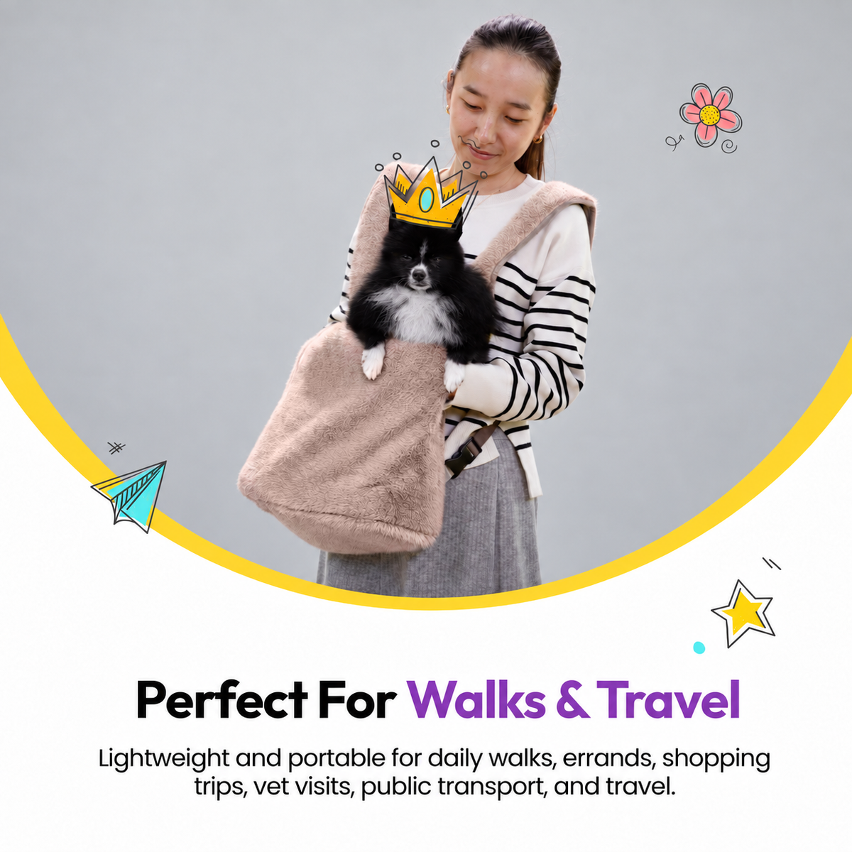 Brown | Furry Range Puppy Pouch: Perfect for walks and travel: a woman carrying a small dog in the Brown Puppy Pouch