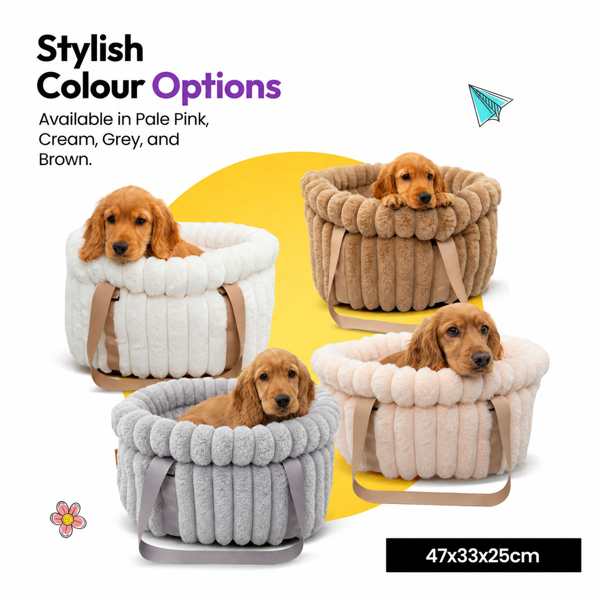 Grey | Corduroy Calming Dog Carrier: Four carriers with spaniel puppies in Pale pink, White, Grey and Brown, on a card marked 47 x 33 x 25 cm