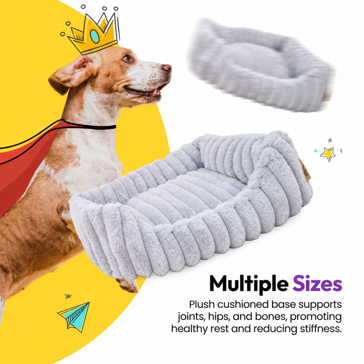 Grey | Furry Corduroy Open Front Rectangle Bed: Dog in a paper crown and cape beside the Grey bed, on a yellow graphic card