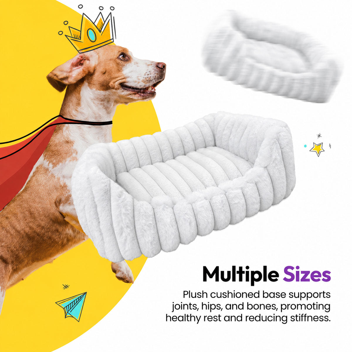 White | Furry Corduroy Open Front Rectangle Bed: Dog in a paper crown and cape beside the White bed, on a yellow graphic card