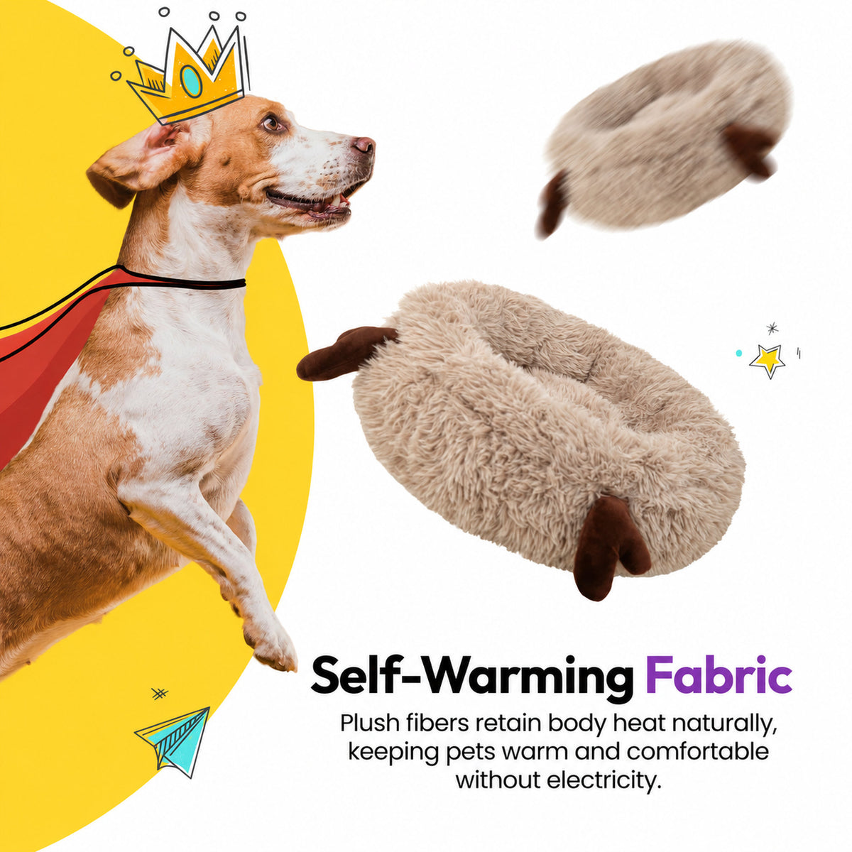 Cream | Fluffy Shag Calming Round Bed with Antlers: Dog in a paper crown and cape beside the bed, headed Self-Warming Fabric
