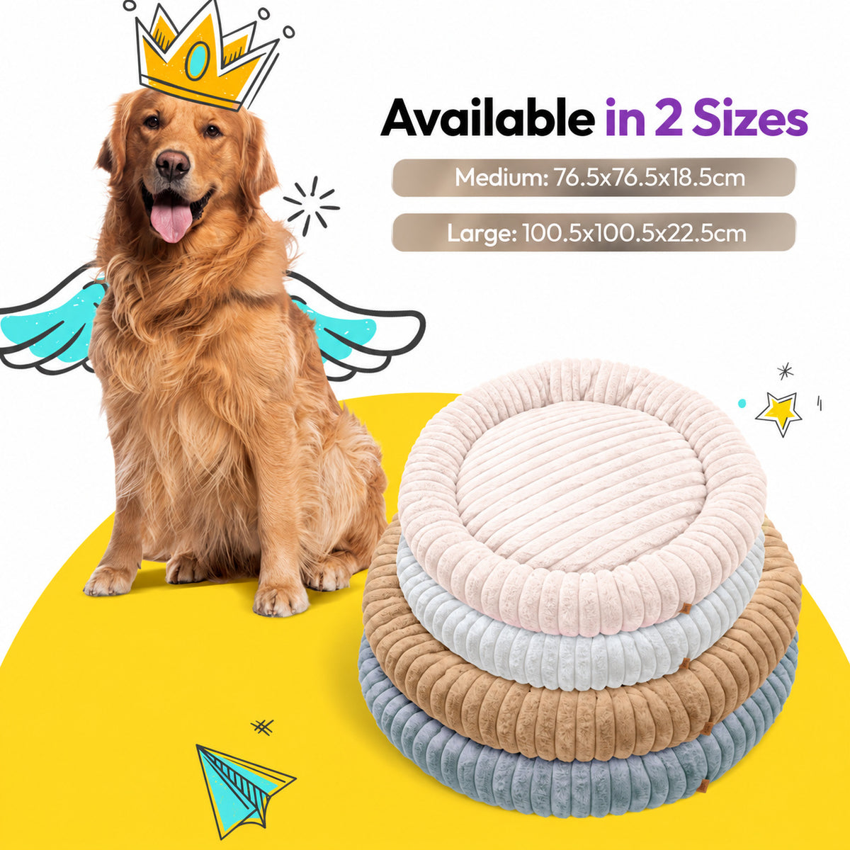 Pale pink | Furry Corduroy Round Bed: Golden retriever with paper wings beside a stack of four beds, on a card listing the Medium and Large sizes