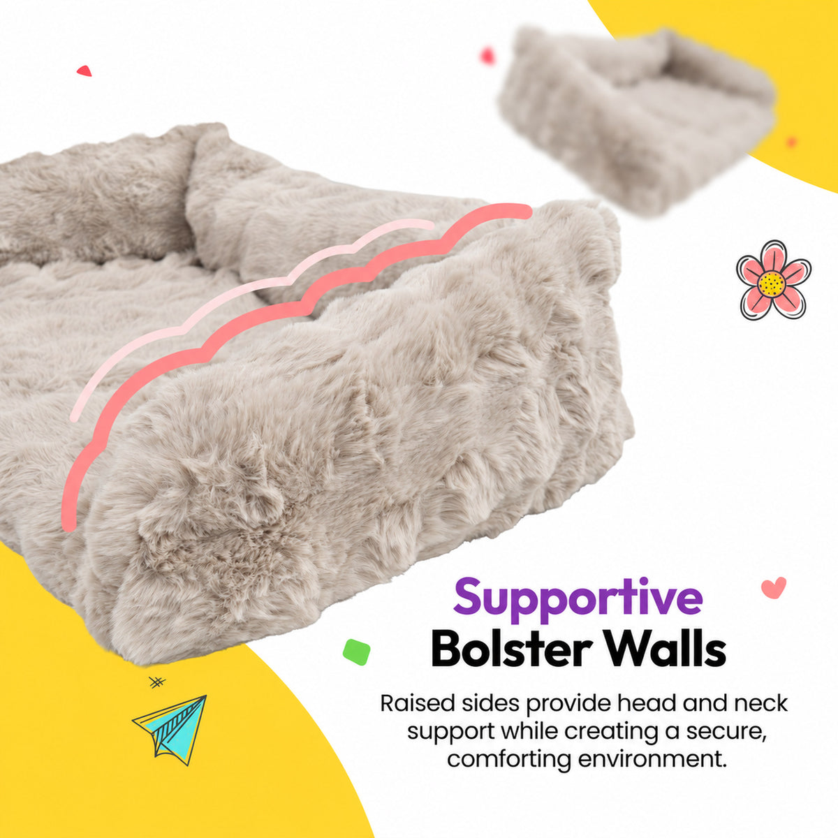 Cream | Furry Curves Open Front Rectangle Bed: Supportive bolster walls on the Cream bed