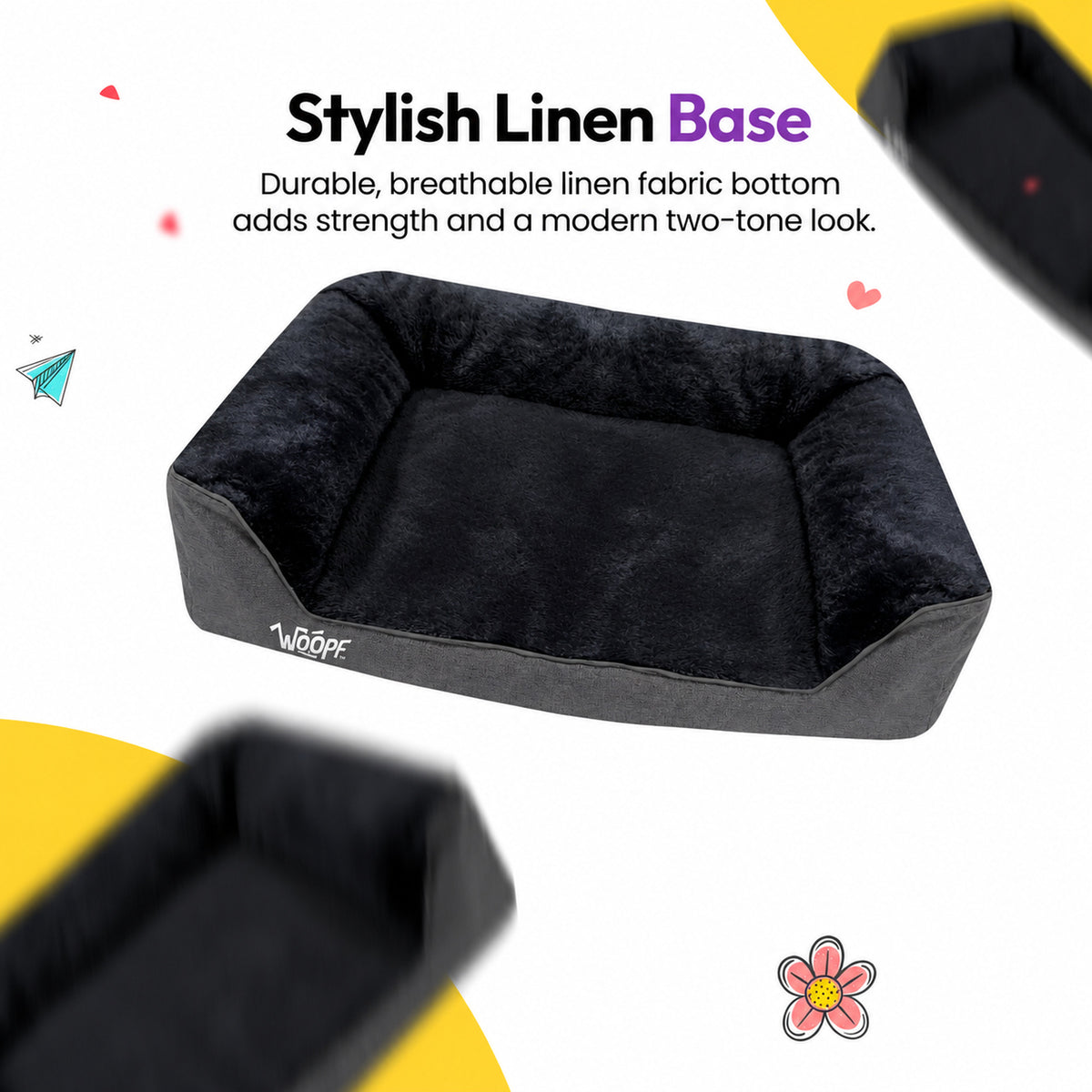 Black | SNÖR Orthopedic Bed: The Black bed with a close-up of its linen base, headed Stylish Linen Base