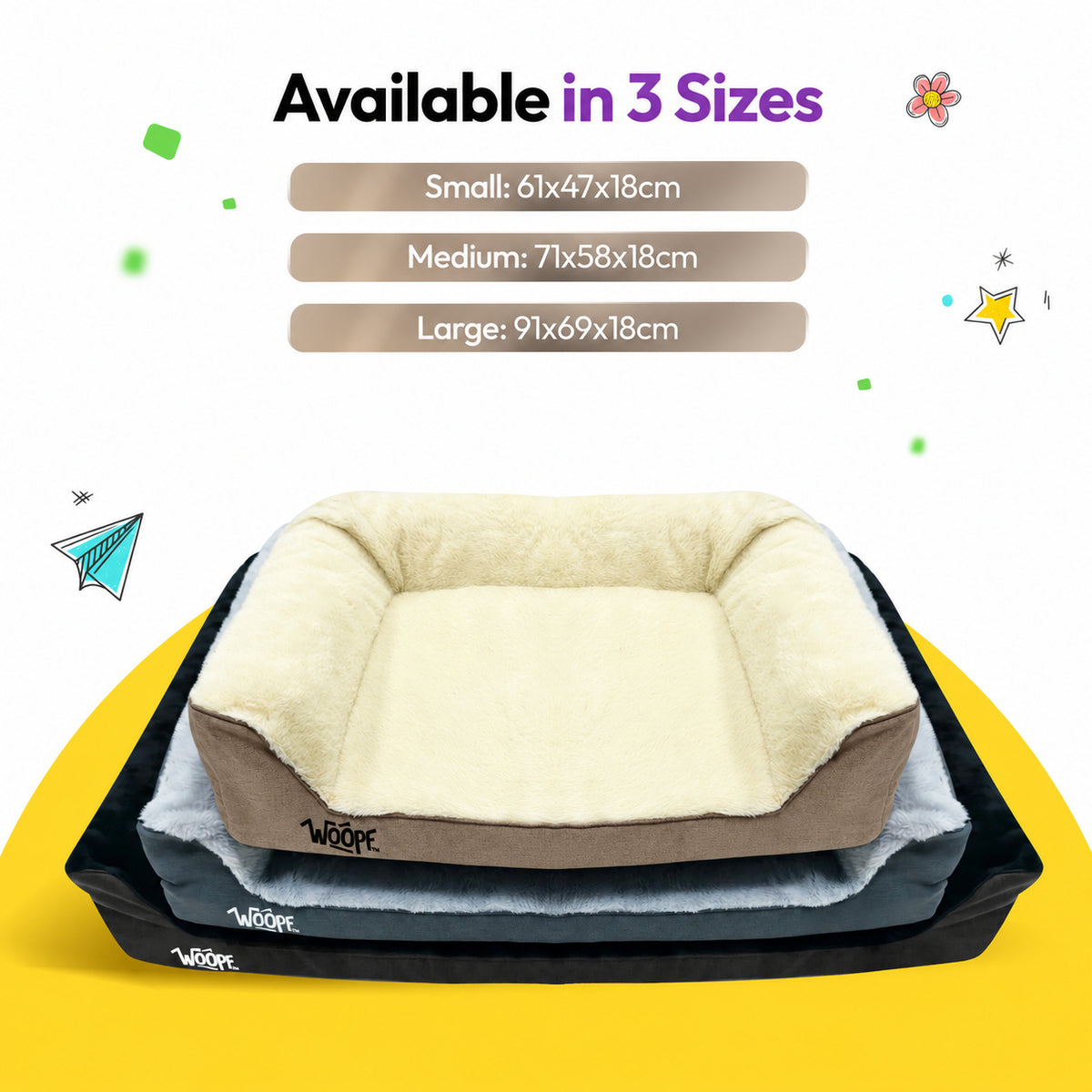 Cream | SNÖR Orthopedic Bed: The Cream bed in Small, Medium and Large stacked, headed Available in 3 Sizes