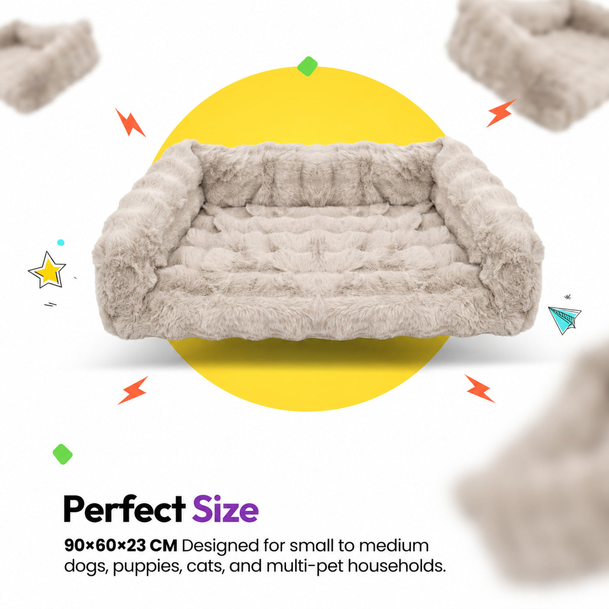 Cream | Furry Curves Open Front Rectangle Bed: Perfect size: the Cream bed at 90 x 60 x 23 cm, for small to medium dogs, puppies, cats and multi-pet homes