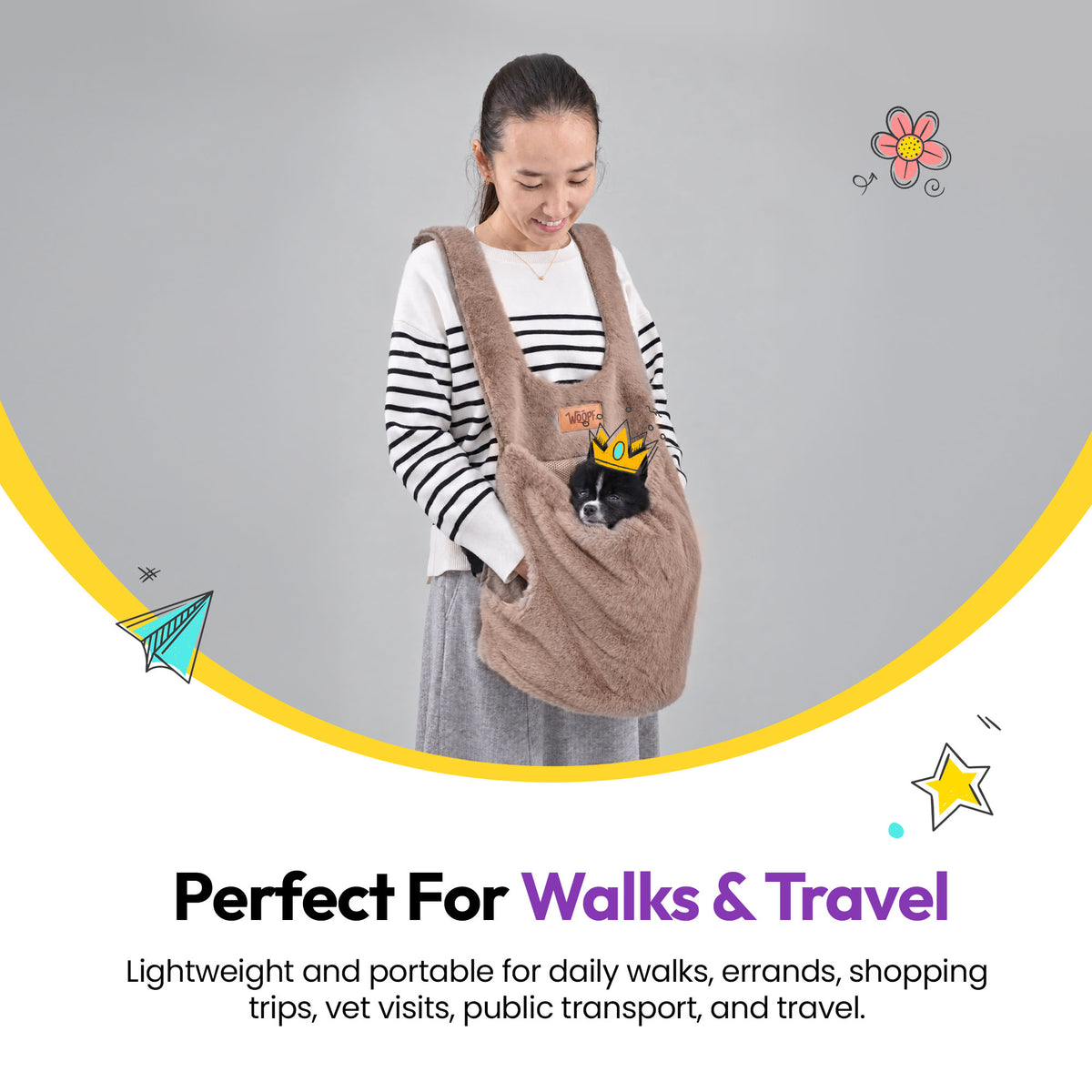 Brown | Furry Range Puppy Pouch: Perfect for walks and travel: a woman wearing the Brown Puppy Pouch