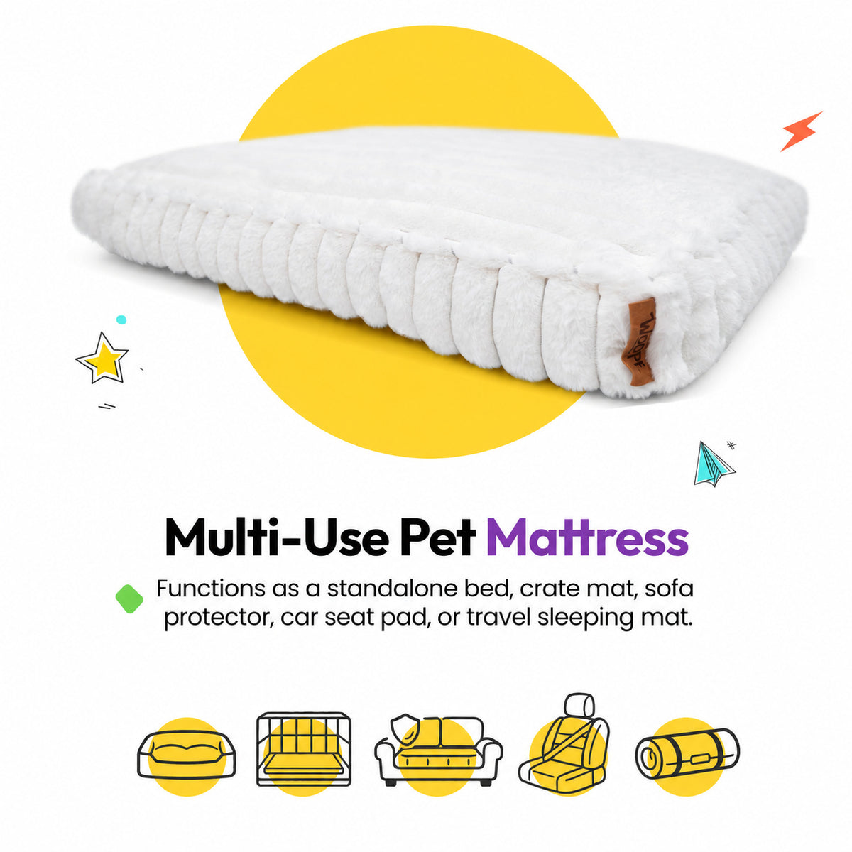 White | Furry Corduroy Sleeping Mat: The White mat on a card headed Multi-Use Pet Mattress, with icons for a bed, crate, sofa, car seat and travel mat