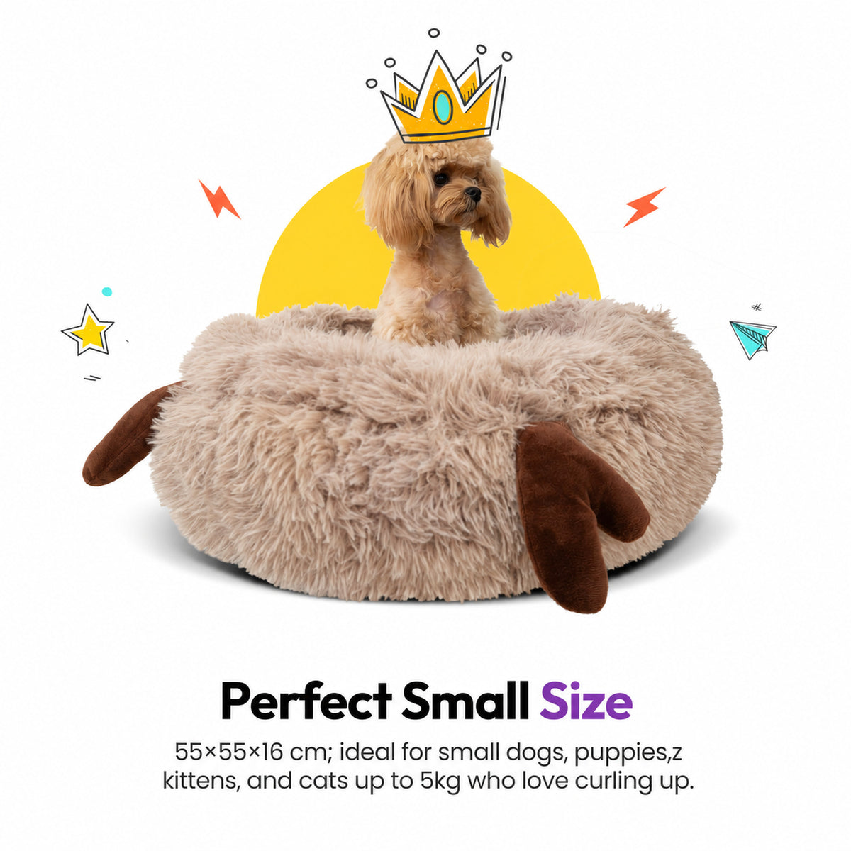 Cream | Fluffy Shag Calming Round Bed with Antlers: Toy poodle in a paper crown sitting in the bed, headed Perfect Small Size, 55 x 55 x 16 cm