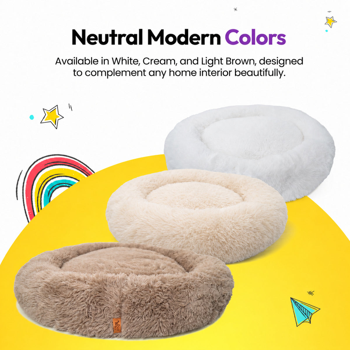 Cream | Fluffy Shag Calming Round Bed: White, Cream and Brown beds stacked on a yellow graphic card