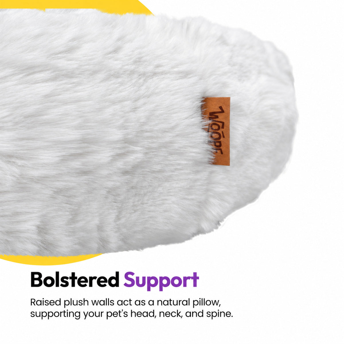 White | Furry Curves Round Bed: Bolstered support: close-up of the White bed's raised plush wall