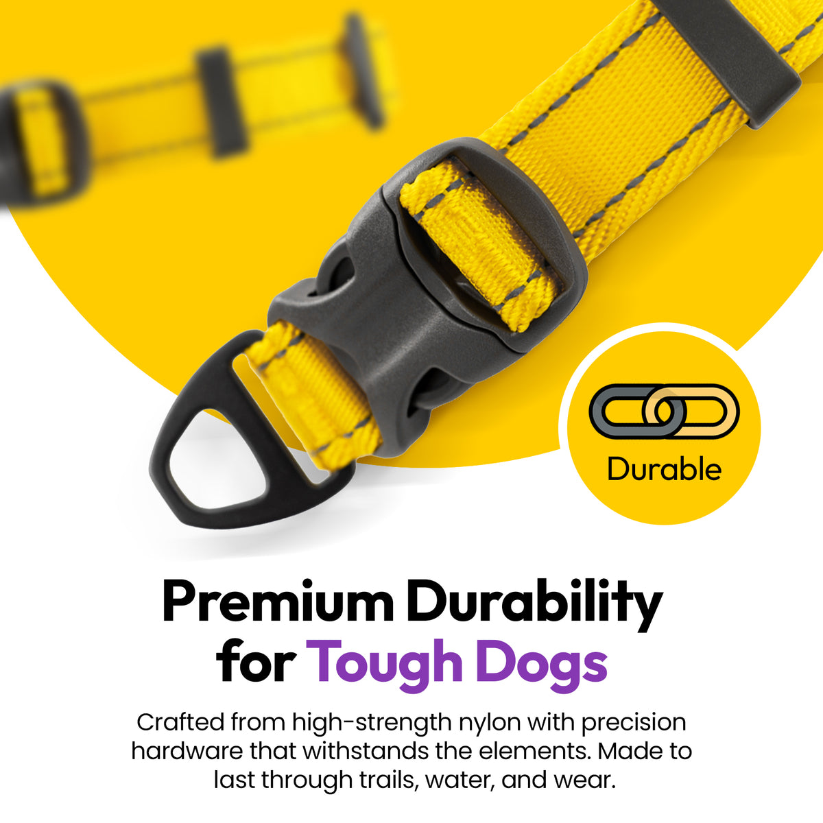 Yellow | Explorer Collar: Close-up of the Yellow collar's buckle and D-ring, on a card headed Premium Durability for Tough Dogs