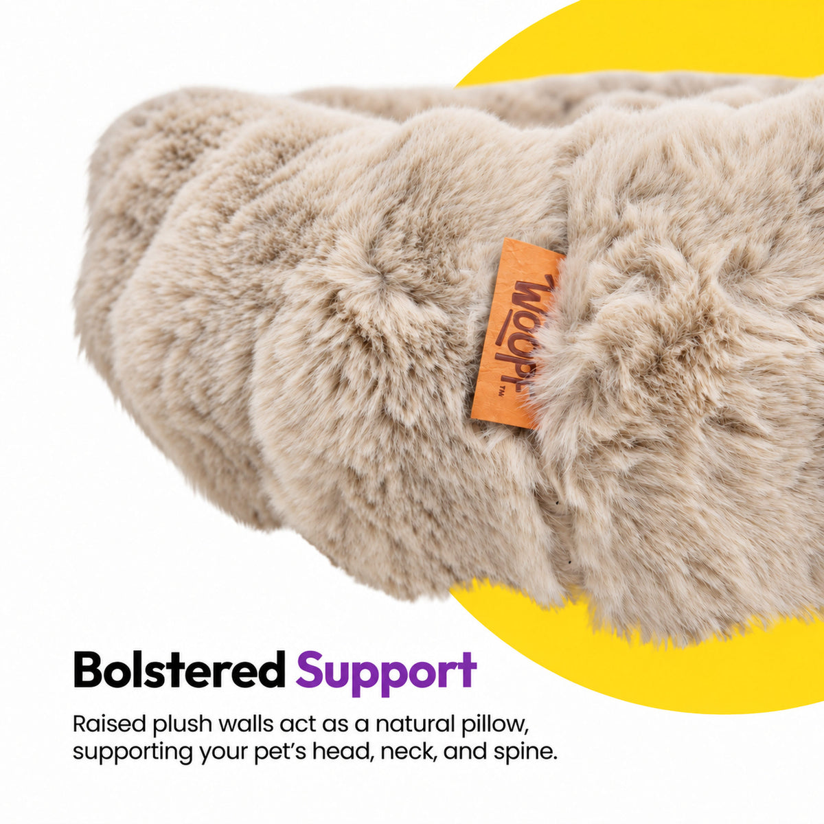 Cream | Furry Curves Round Bed: Bolstered support: close-up of the Cream bed's raised plush wall