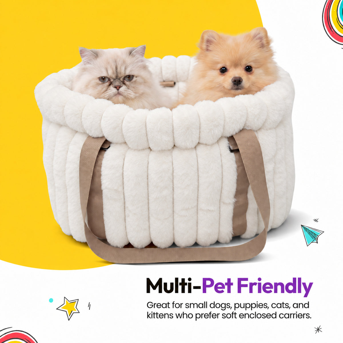 White | Corduroy Calming Dog Carrier: A Persian cat and a Pomeranian in the White carrier, headed Multi-Pet Friendly
