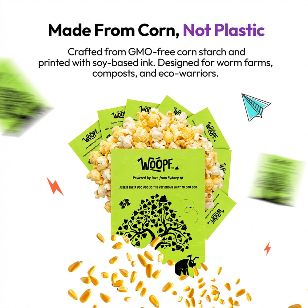 Poop & Go 100% Compostable Bags: Green bags among popcorn and corn kernels, headed Made From Corn, Not Plastic