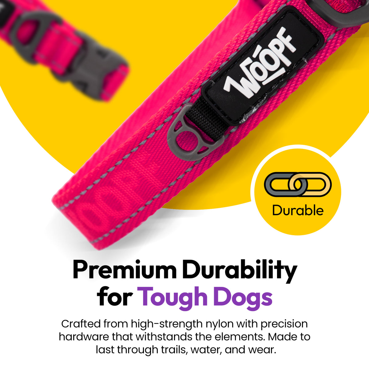 Pink | Explorer Collar: Close-up of the Pink collar's buckle and D-ring, on a card headed Premium Durability for Tough Dogs