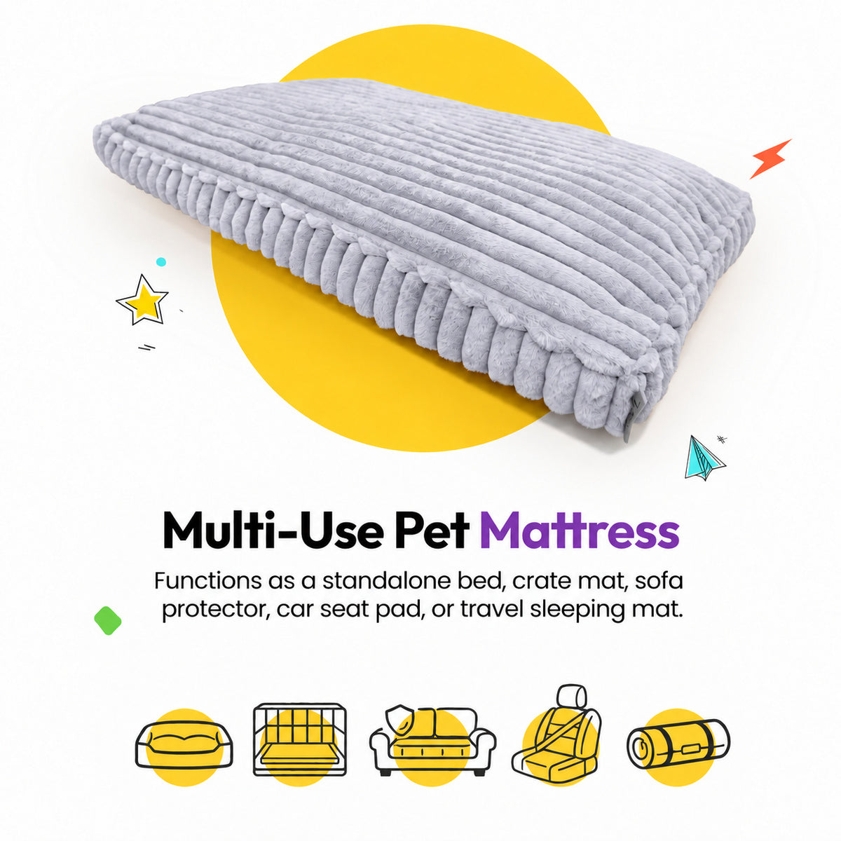Grey | Furry Corduroy Sleeping Mat: The Grey mat on a card headed Multi-Use Pet Mattress, with icons for a bed, crate, sofa, car seat and travel mat