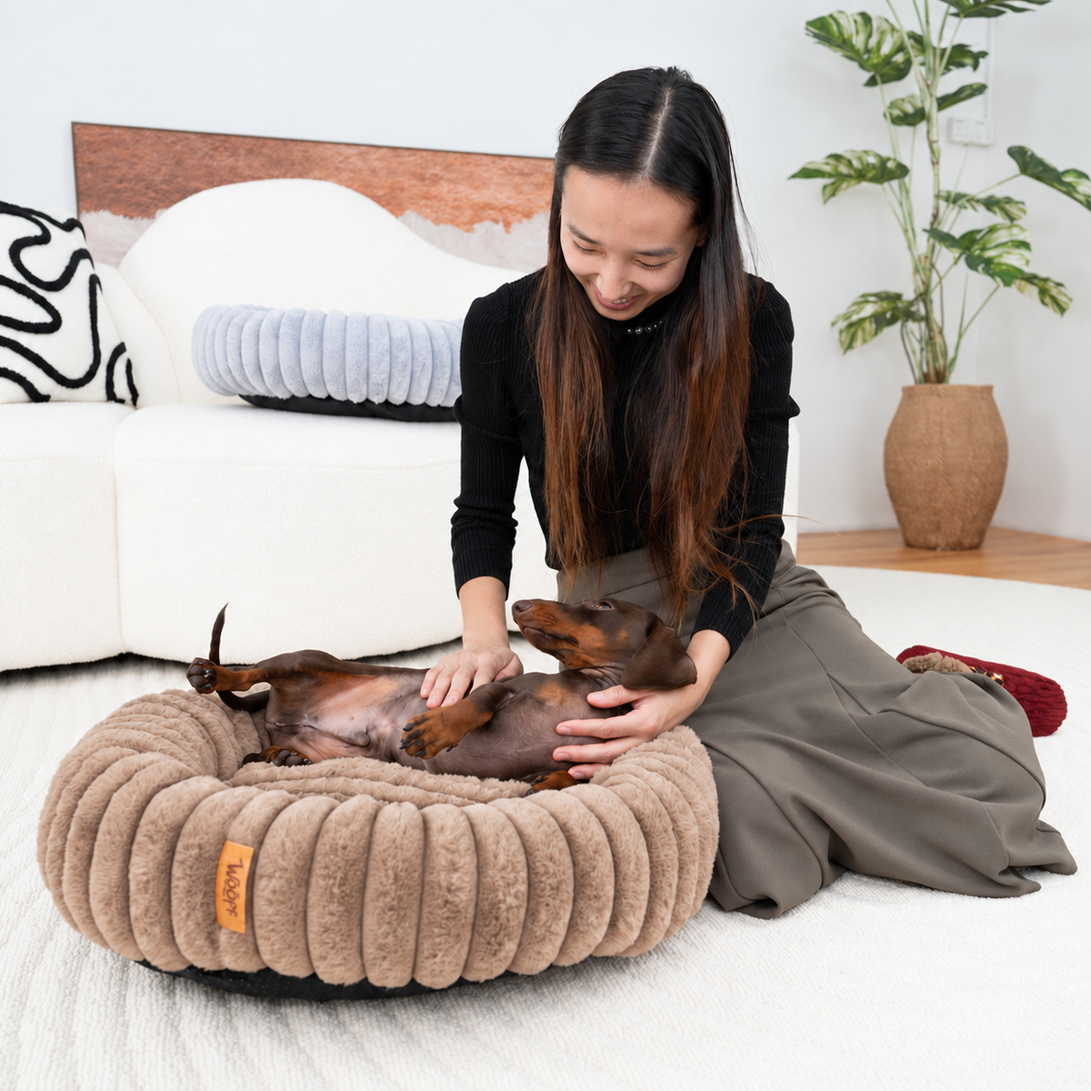 Brown | Furry Corduroy Round Bed: Woman stroking a dachshund lying on its back in the Brown bed