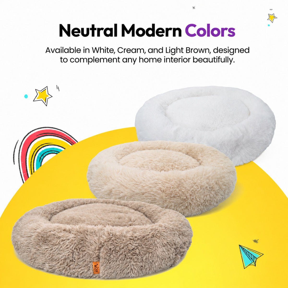 Brown | Fluffy Shag Calming Round Bed: White, Cream and Brown beds stacked on a yellow graphic card