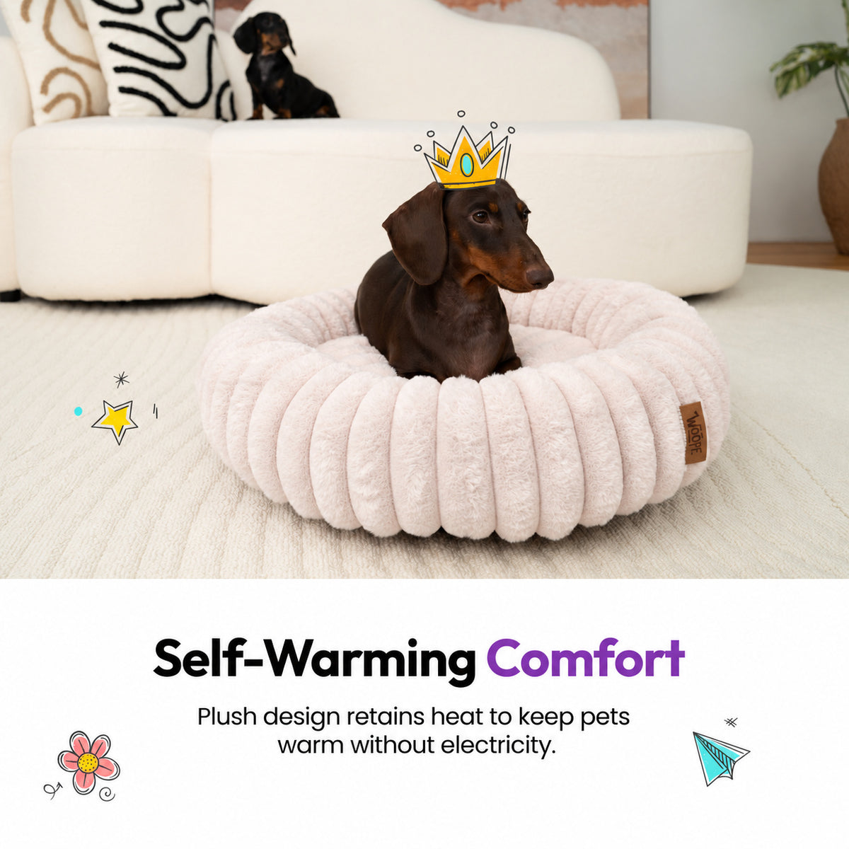 Pale pink | Furry Corduroy Round Bed: Dachshund in a paper crown sitting in the Pale pink bed, headed Self-Warming Comfort