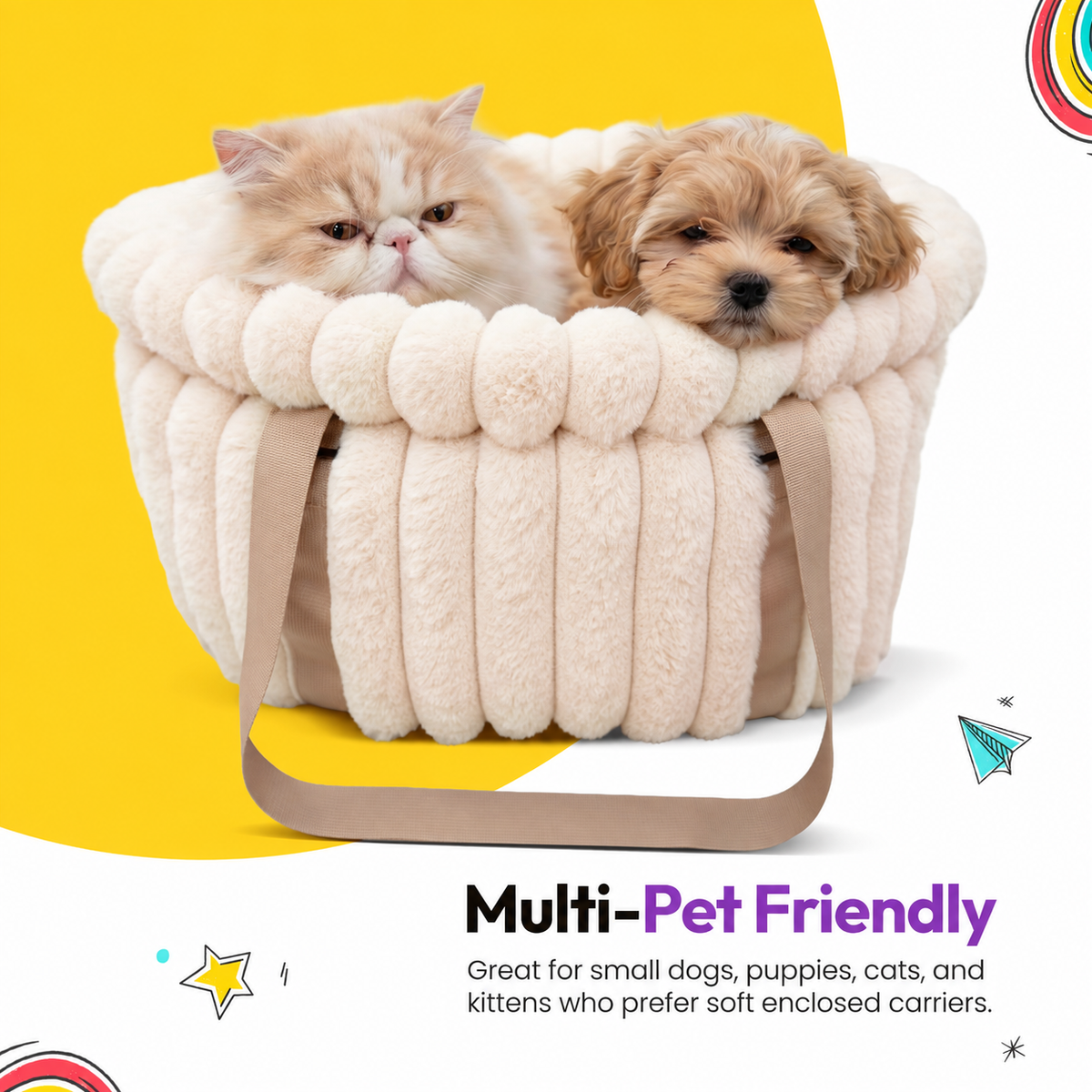 Pale pink | Corduroy Calming Dog Carrier: A Persian cat and a puppy in the Pale pink carrier, headed Multi-Pet Friendly