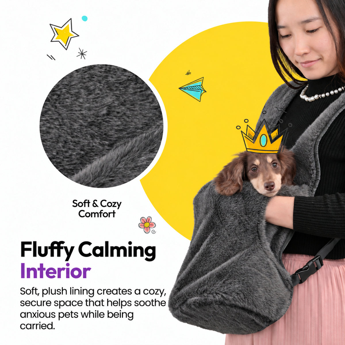 Grey | Furry Range Puppy Pouch: Fluffy calming interior: a small long-haired dog in the Grey Puppy Pouch