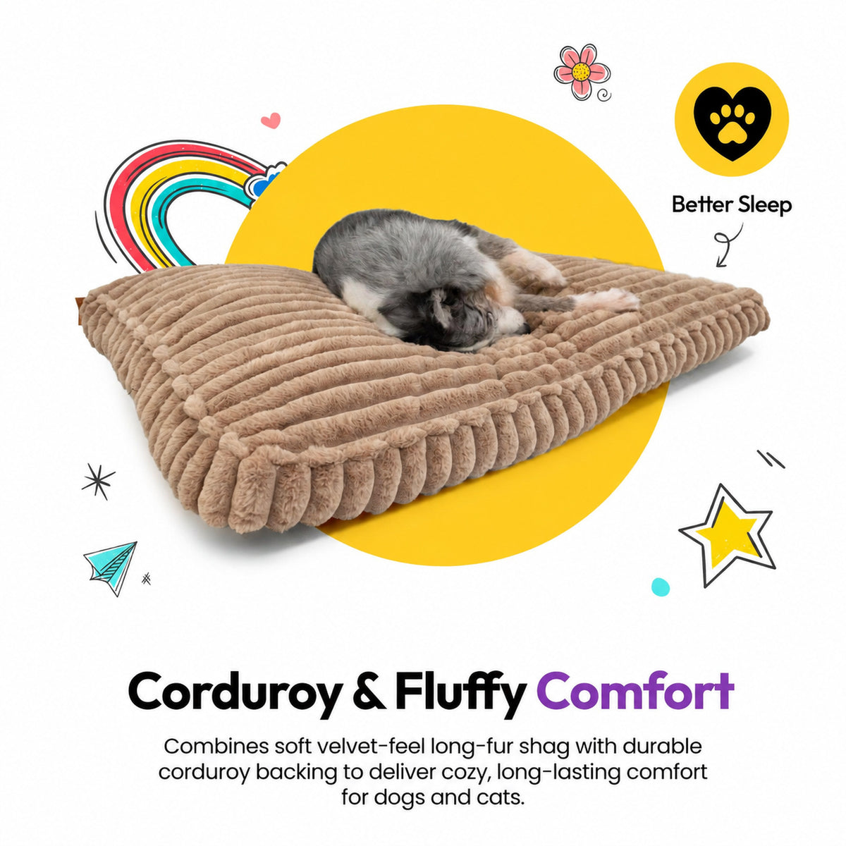 Brown | Furry Corduroy Sleeping Mat: Grey cat curled asleep on the Brown mat, on a card headed Corduroy & Fluffy Comfort