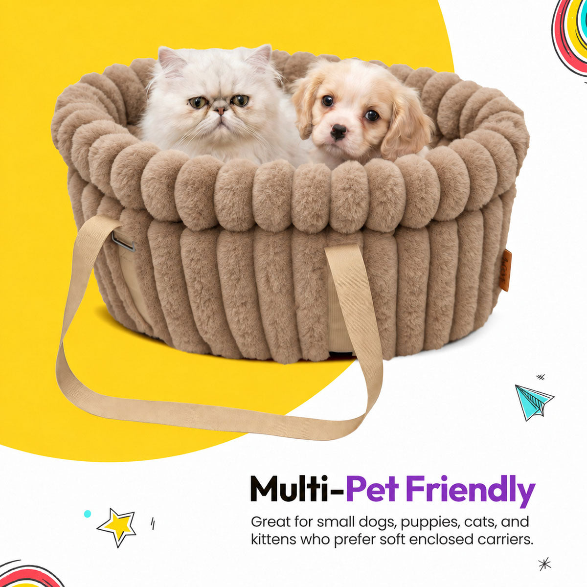 Brown | Corduroy Calming Dog Carrier: A Persian cat and a puppy in the Brown carrier, headed Multi-Pet Friendly
