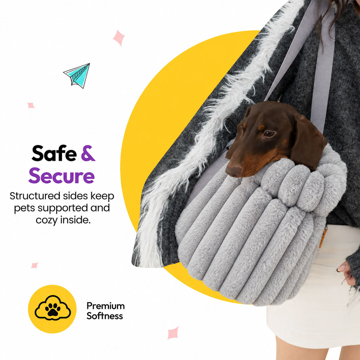 Grey | Corduroy Calming Dog Carrier: Dachshund in the Grey carrier on a woman's shoulder, headed Safe & Secure
