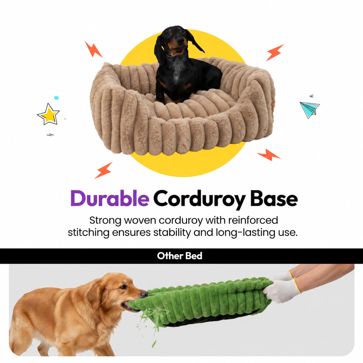 Brown | Furry Corduroy Open Front Rectangle Bed: Dachshund sitting in the Brown bed above a strip of a dog tearing apart another bed, headed Durable Corduroy Base